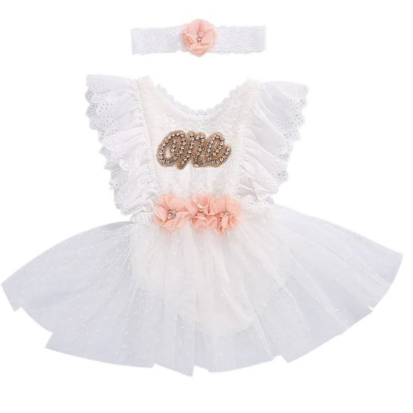 Easter Dress white Lace Romper peach first Birthday Outfit Dress Clothes floral